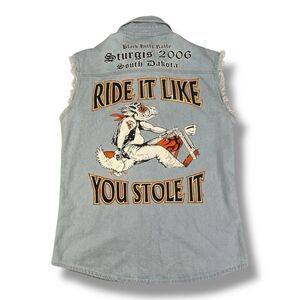 Sturgis 2006 J Fashion Denim Sleeveless Motorcycle Bike Week Button Front Top Si